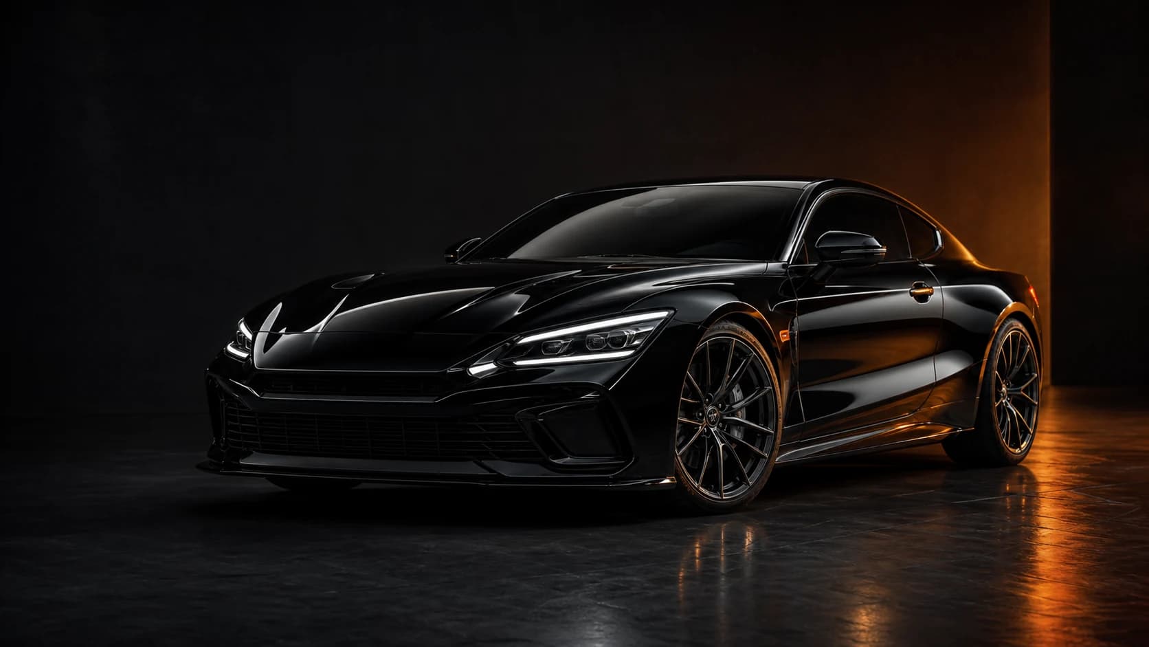 Automóvil negro con acabado brillante bajo iluminación cálida